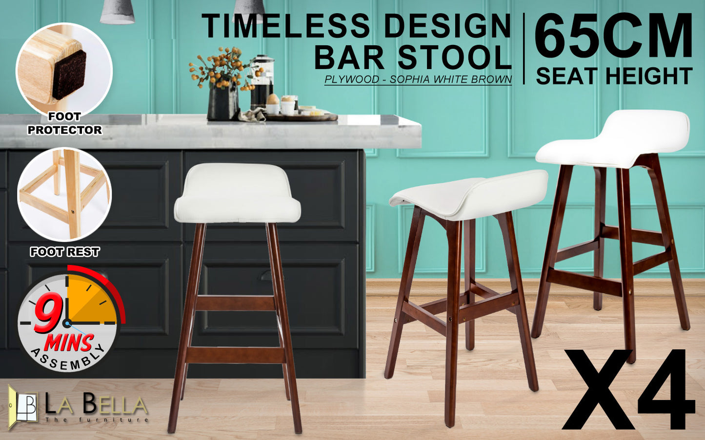 4 Set 65cm White Brown Wooden Bar Stool Sophia Leather - image2