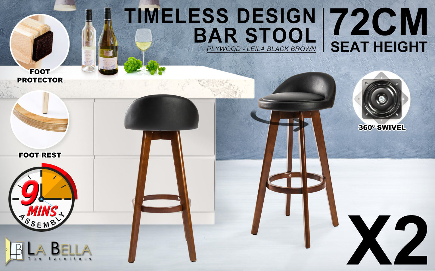 2 Set 72cm Black Brown Wooden Bar Stool Leila Leather - image2