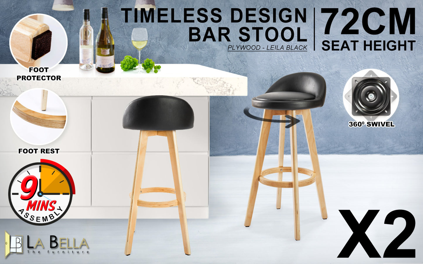 2 Set 72cm Black Wooden Bar Stool Leila Leather - image2