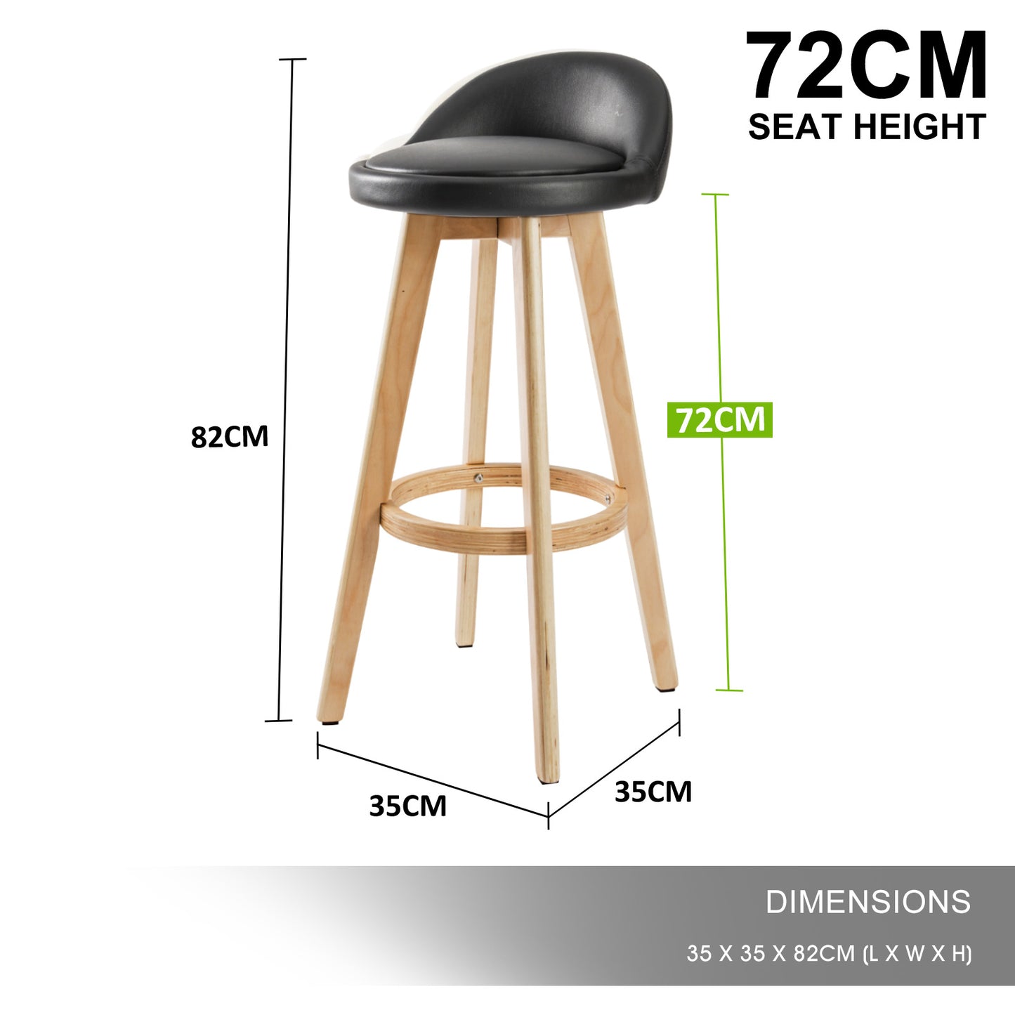 2 Set 72cm Black Wooden Bar Stool Leila Leather - image12