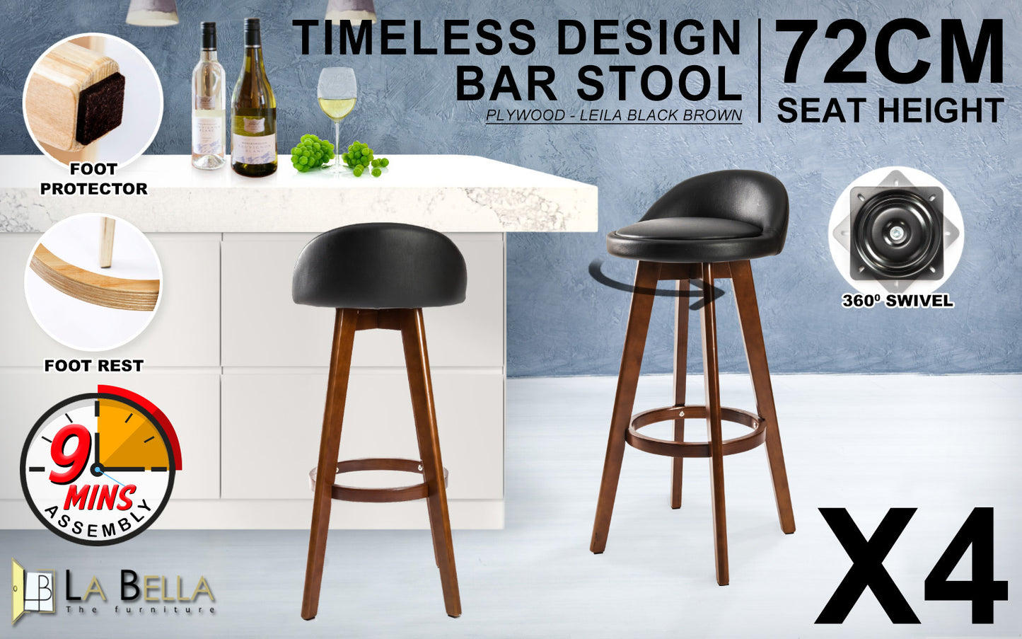 4 Set 72cm Black Brown Wooden Bar Stool Leila Leather - image2