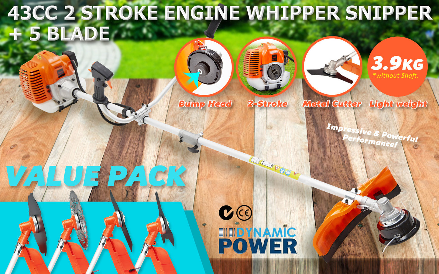 Dynamic Power Garden Whipper Snipper Brush Cutter 43cc + 4 Blade - image2