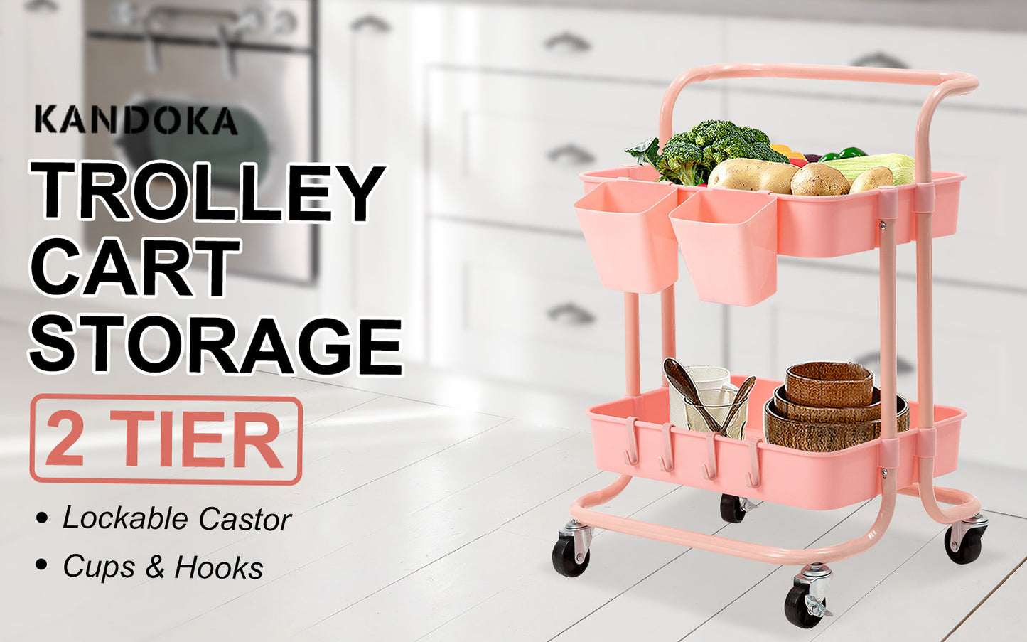 2 Tier Pink Trolley Cart Storage Utility Rack Organiser Swivel Kitchen - image2