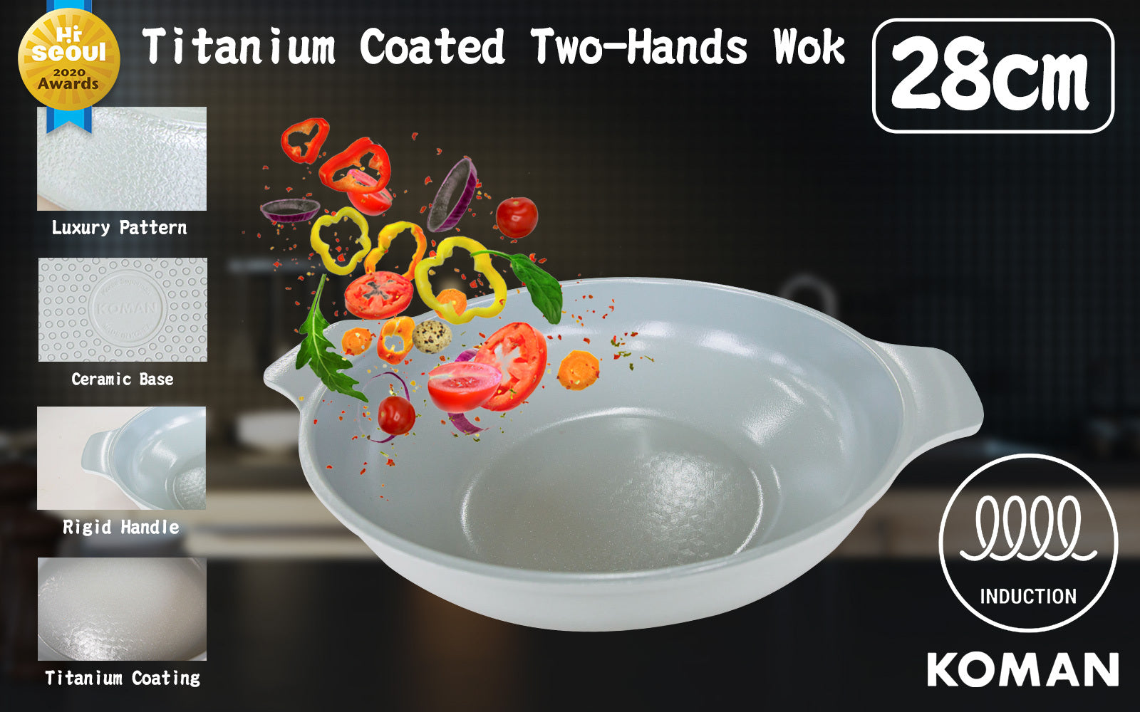 KOMAN 28cm Grey Shinewon Vinch IH Two Hands Wok Non-stick Induction Titanium Ceramic - image2