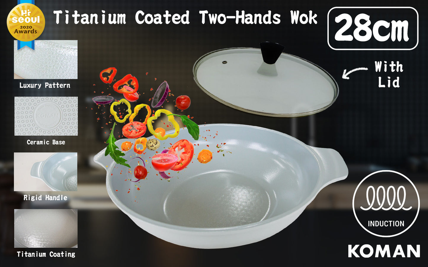 KOMAN 28cm Grey Shinewon Vinch IH Two Hands Wok Non-stick Induction Titanium Ceramic + Glass Lid - image2