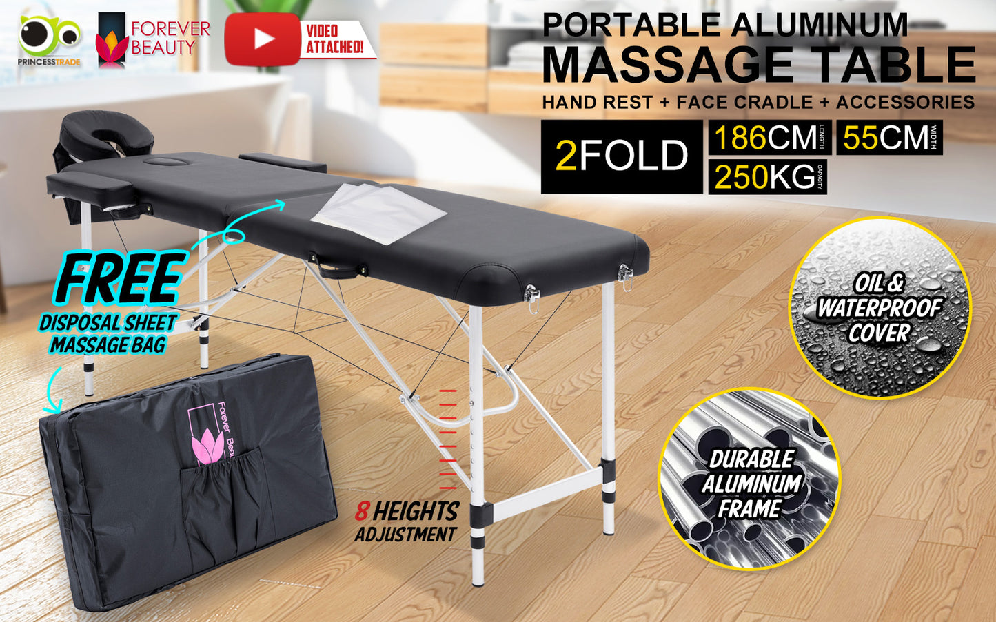 Black Portable Beauty Massage Table Bed Therapy Waxing 2 Fold 55cm Aluminium - image2