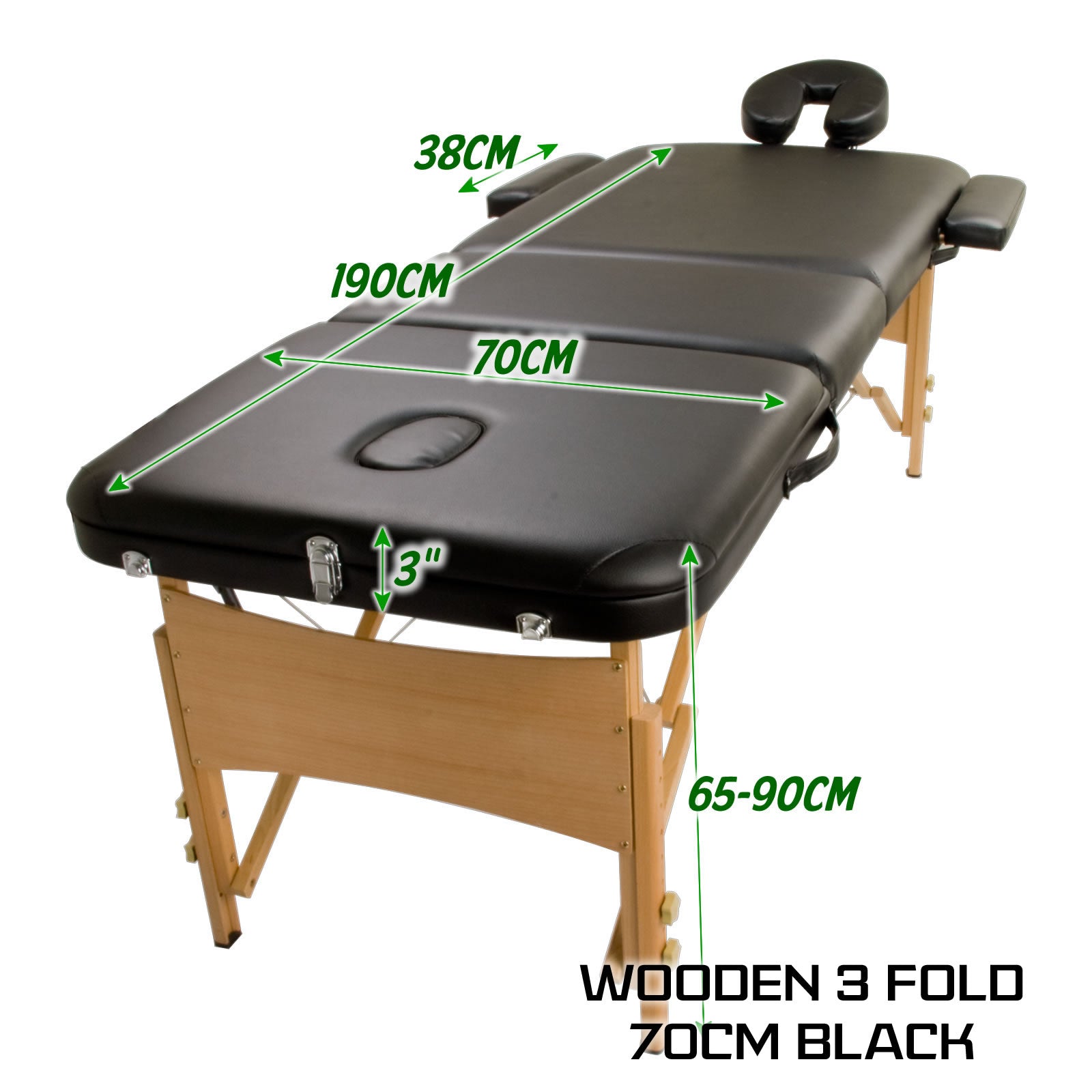 Black Portable Massage Table Bed Therapy Waxing 3 Fold 70cm Wooden - image12
