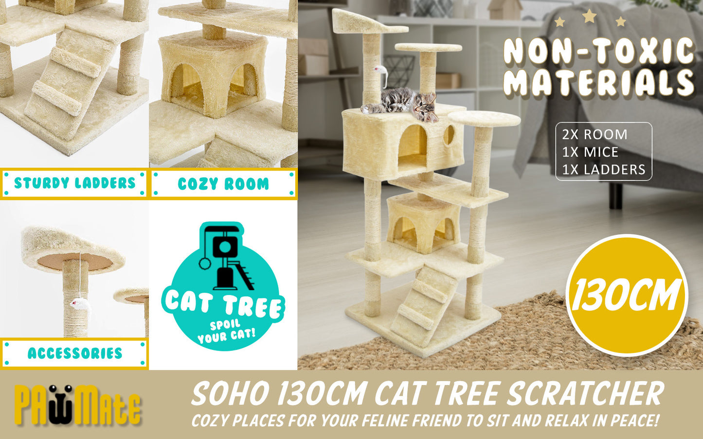 130cm Beige Cat Tree Soho Multi Level Scratcher - image2