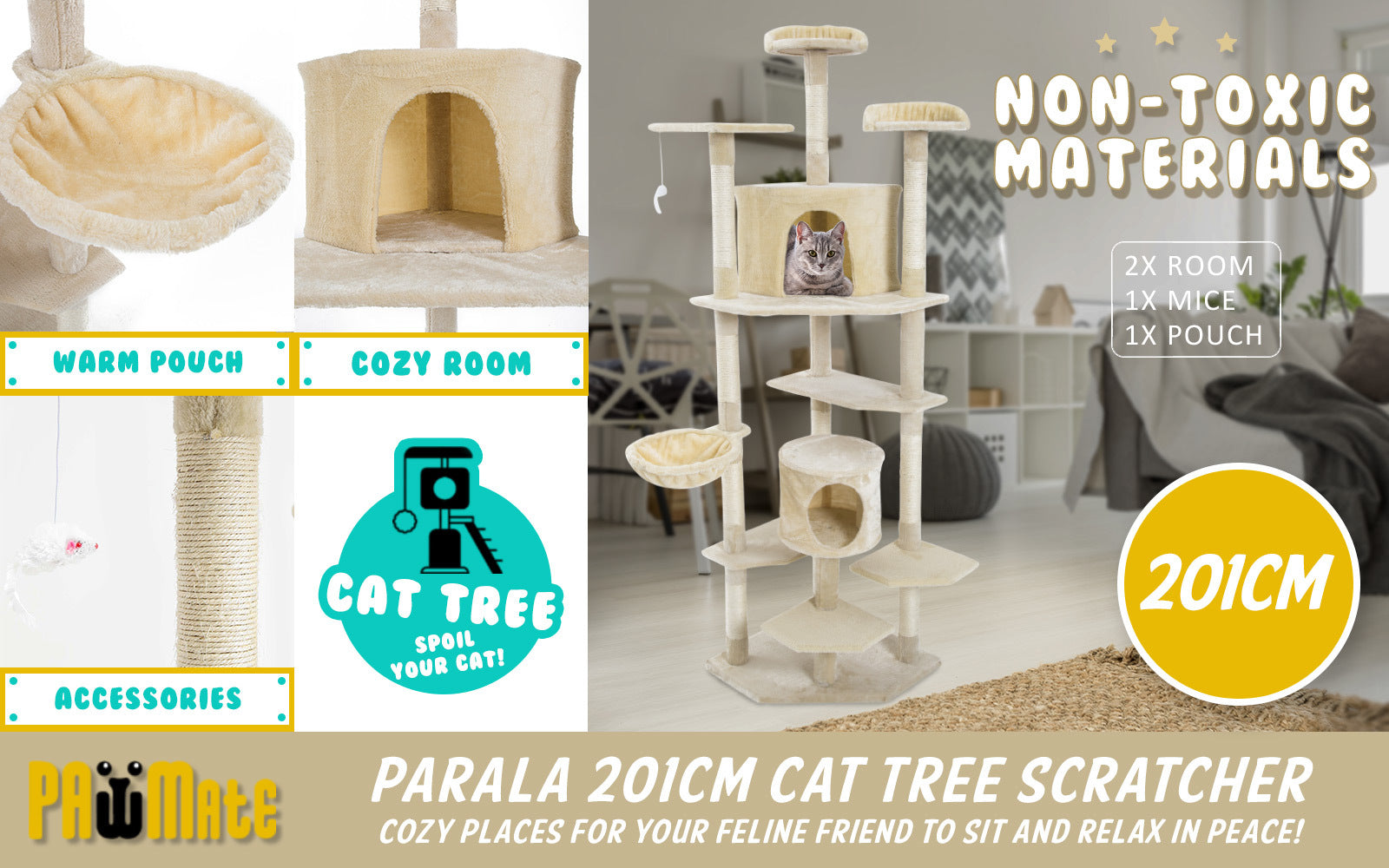 201cm Beige Cat Tree Parala Multi Level Scratcher - image2