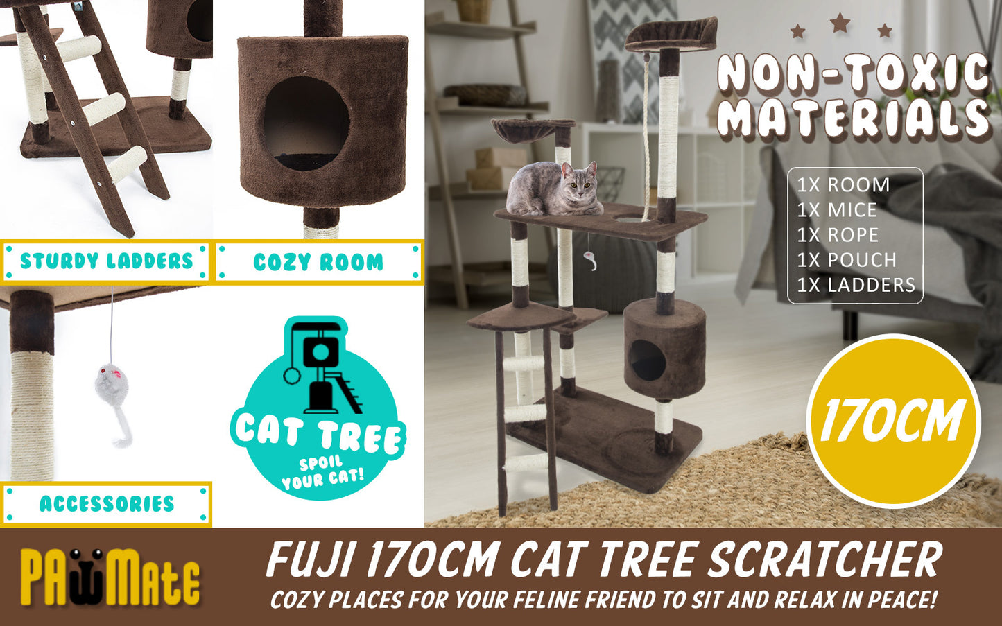 170cm Brown Cat Tree Fuji Multi Level Scratcher - image2