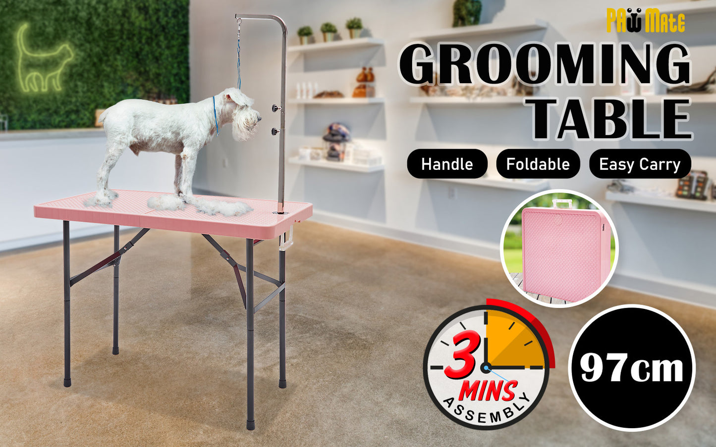 Paw Mat 97cm Pink Dog Cat Pet Grooming Salon Table Foldable Carry Height Adjustable - image2