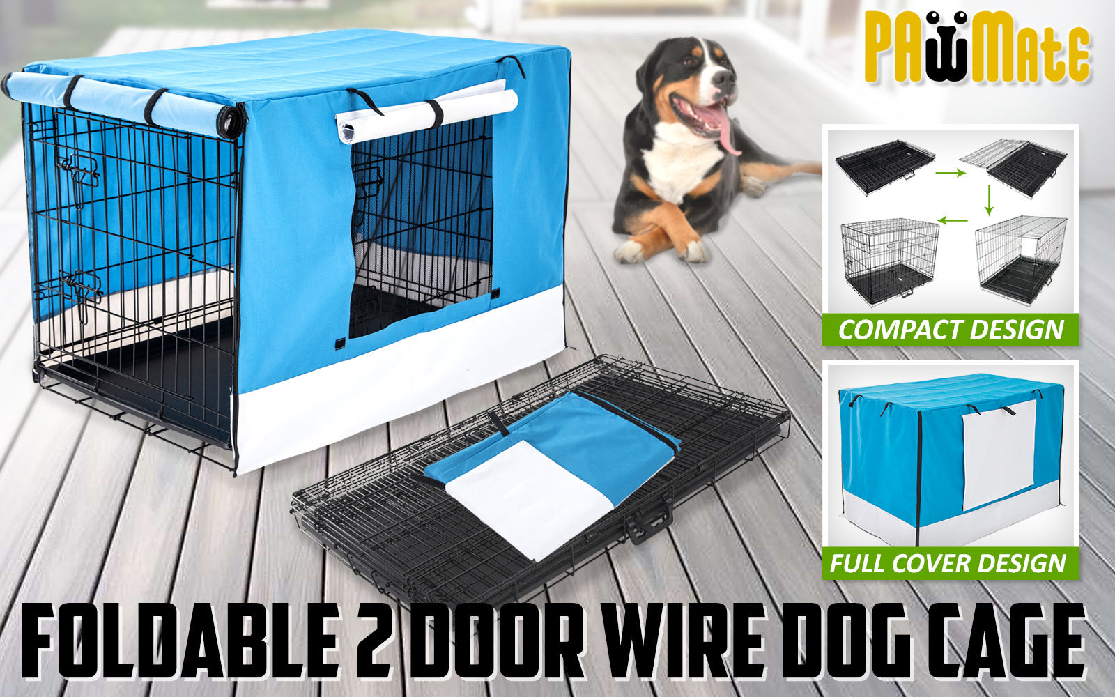 Wire Dog Cage Foldable Crate Kennel 24in with Tray + Blue Cover Combo - image2