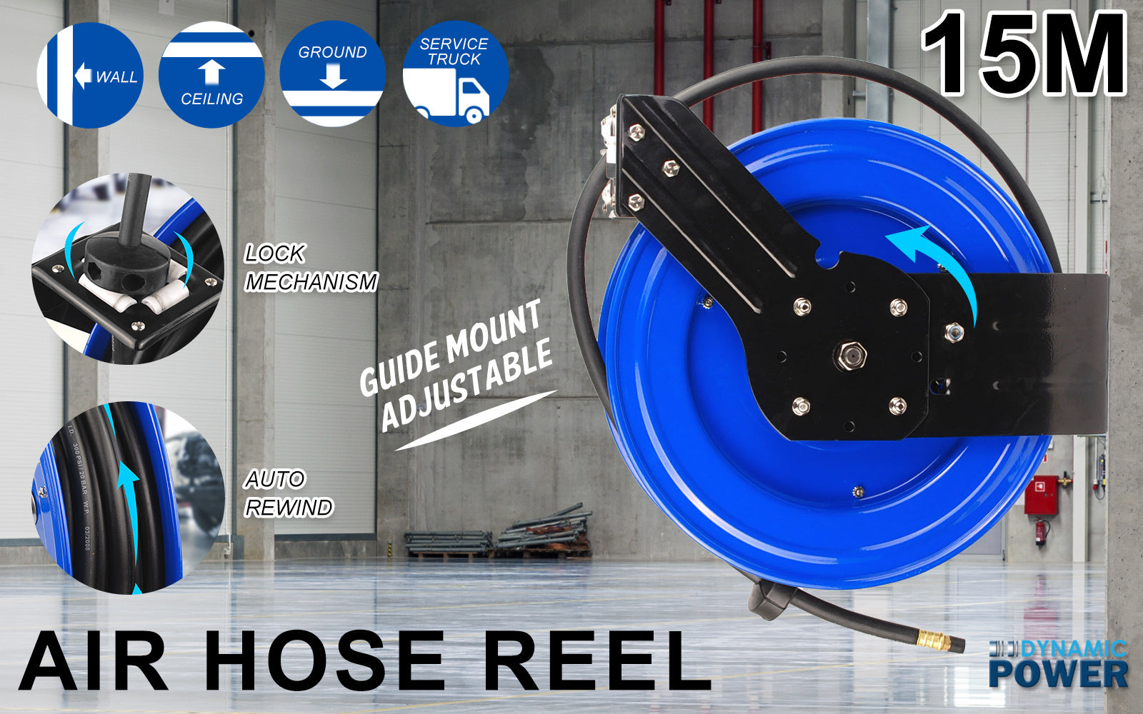 Dynamic Power Air Hose Reel Automotive Industrial 15m Retractable Rewind - image2