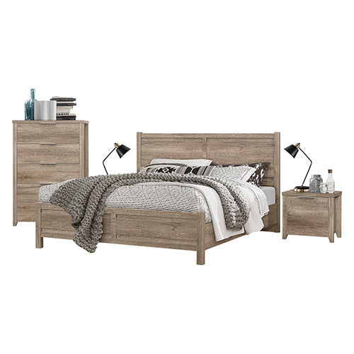 4 Pieces Bedroom Suite Natural Wood Like MDF Structure Queen Size Oak Colour Bed, Bedside Table & Tallboy - image1