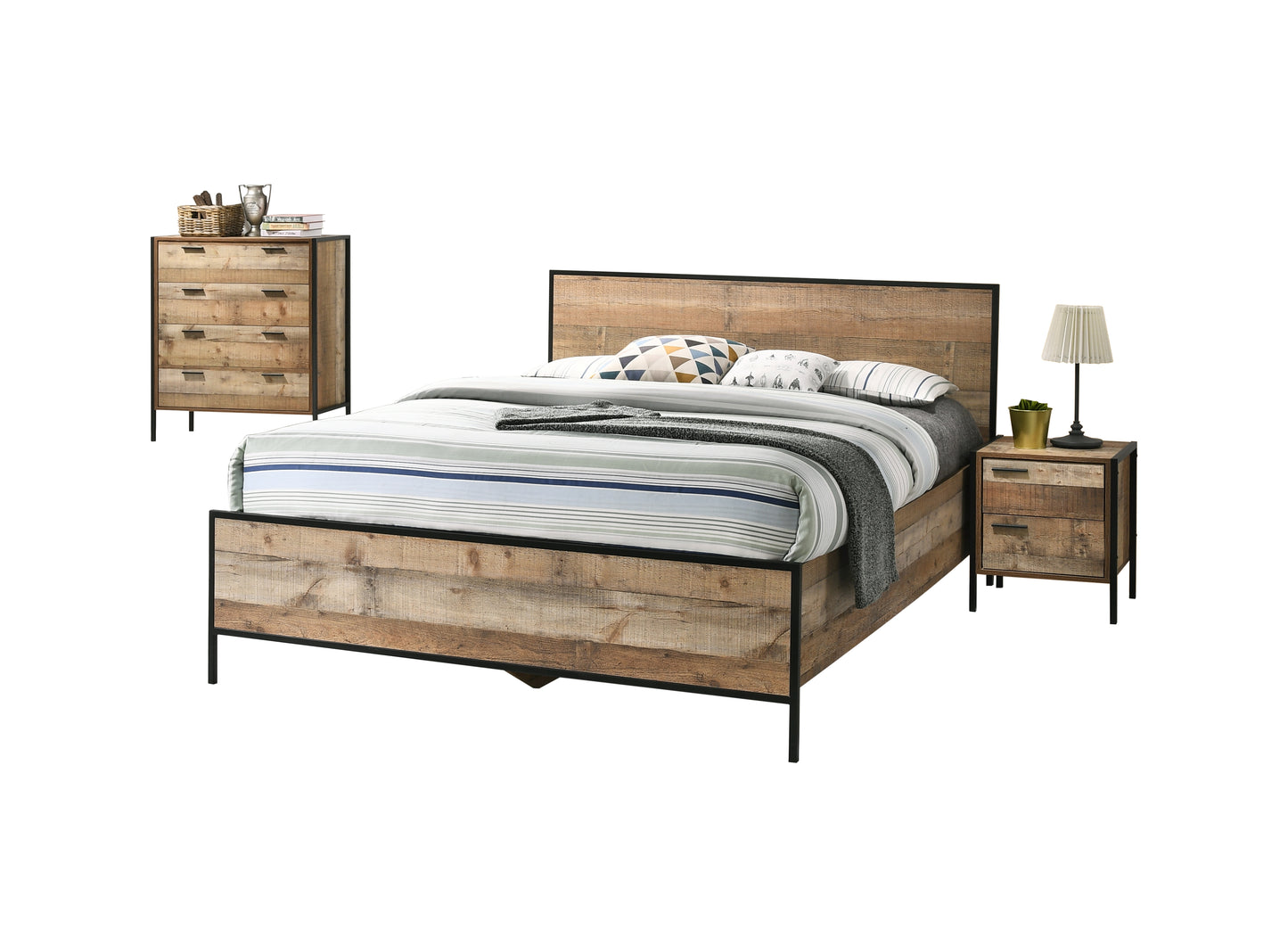 4 Pieces Bedroom Suite with Particle Board Contraction and Metal Legs Queen Size Oak Colour Bed, Bedside Table & Tallboy - image2