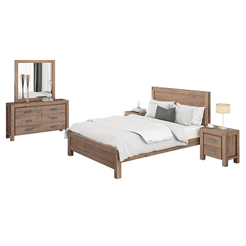 4 Pieces Bedroom Suite in Solid Wood Veneered Acacia Construction Timber Slat Double Size Oak Colour Bed, Bedside Table & Dresser - image1