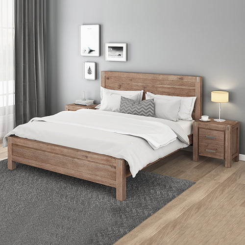 4 Pieces Bedroom Suite in Solid Wood Veneered Acacia Construction Timber Slat King Size Oak Colour Bed, Bedside Table & Tallboy - image2