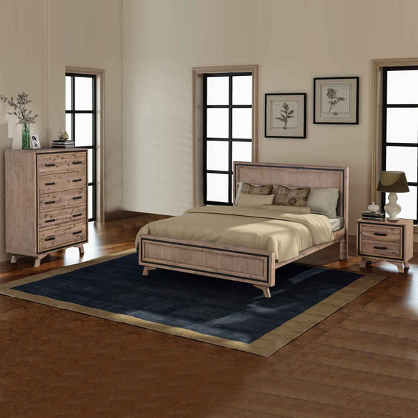 4 Pieces Bedroom Suite King Size Silver Brush in Acacia Wood Construction Bed, Bedside Table & Tallboy - image1