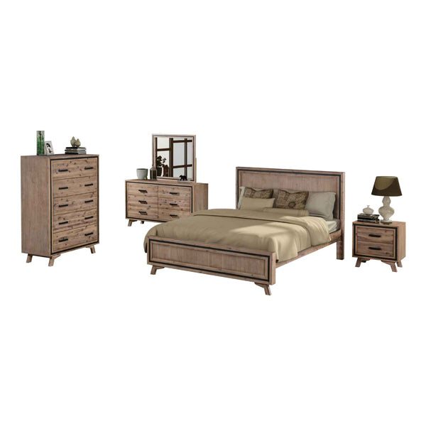 4 Pieces Bedroom Suite King Size Silver Brush in Acacia Wood Construction Bed, Bedside Table & Tallboy - image2