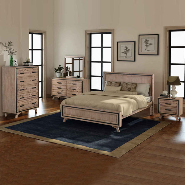 5 Pieces Bedroom Suite King Size Silver Brush in Acacia Wood Construction Bed, Bedside Table, Tallboy & Dresser - image1