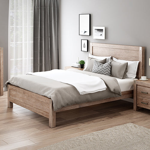 Bed Frame Queen Size in Solid Wood Veneered Acacia Bedroom Timber Slat in Oak - image1