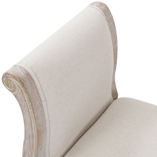 Oak Wood Linen Fabric Beige White Washed Finish Bench Chair - image4