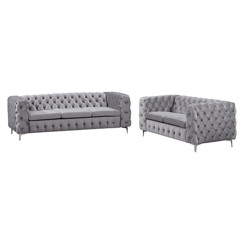 3+2 Seater Sofa Classic Button Tufted Lounge in Grey Velvet Fabric with Metal Legs - image1