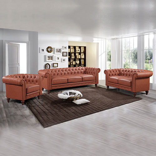 3+2+1 Seater Brown Sofa Lounge Chesterfireld Style Button Tufted in Faux Leather - image1