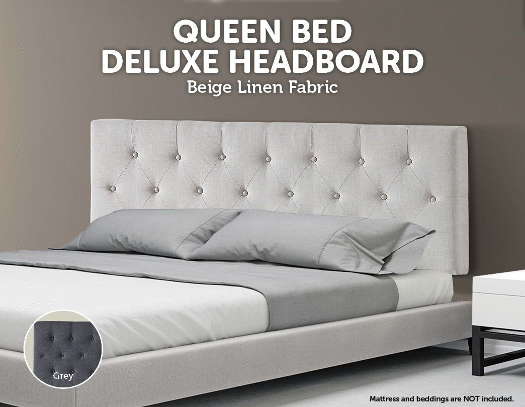 Linen Fabric Queen Bed Deluxe Headboard Bedhead - Beige - image9