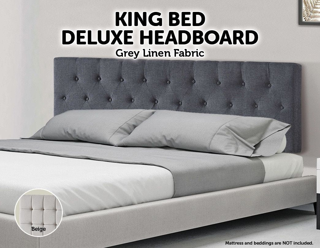 Linen Fabric King Bed Deluxe Headboard Bedhead - Grey - image9