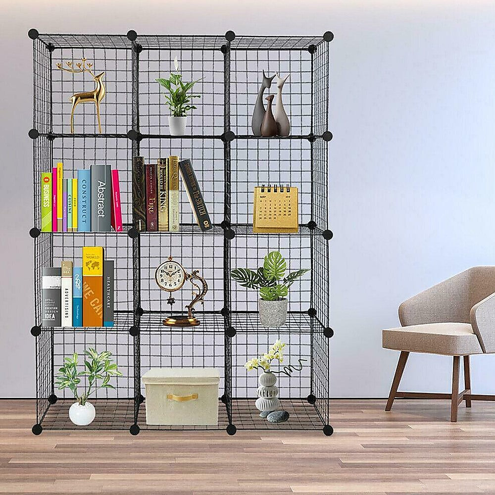 12 Cube Wire Grid Organiser Bookcase Storage Cabinet Wardrobe Closet Black - image2