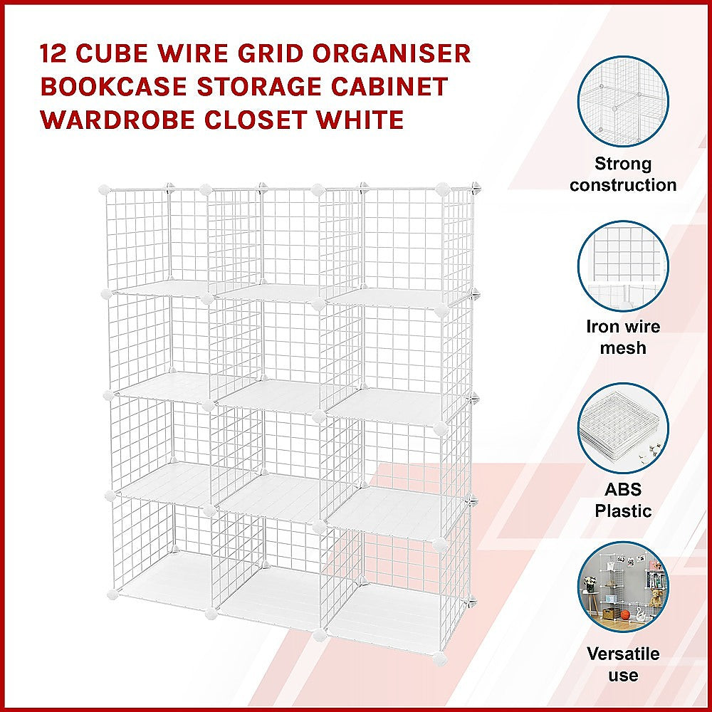 12 Cube Wire Grid Organiser Bookcase Storage Cabinet Wardrobe Closet White - image3