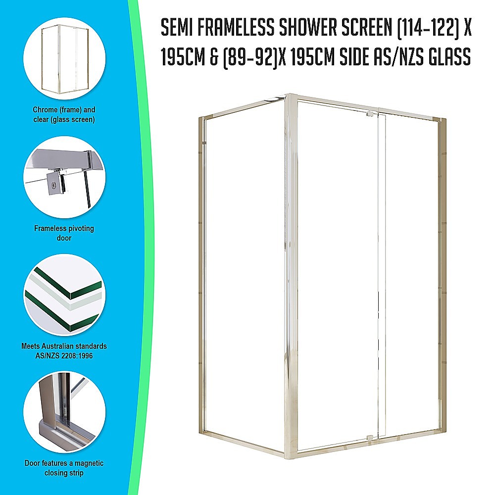 Semi Frameless Shower Screen (114~122)x 195cm & (89~92)x 195cm Side AS/NZS Glass - image3