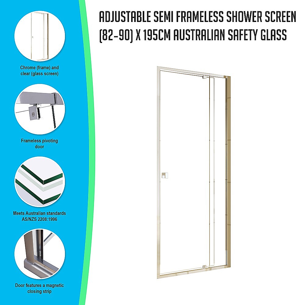 Adjustable Semi Frameless Shower Screen (82~90) x 195cm Australian Safety Glass - image3