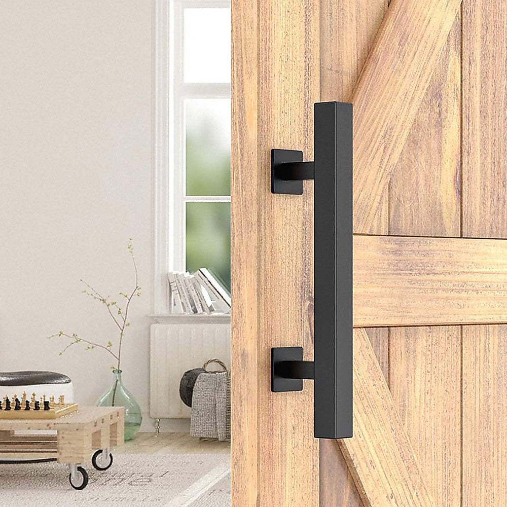 12" Square Pull and Flush Door Handle Set Black Barn Door Hardware - image2