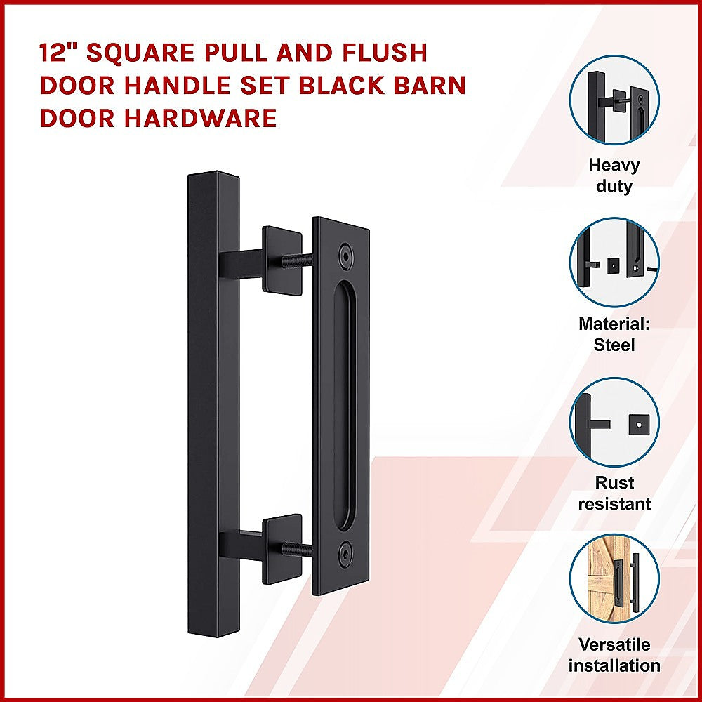 12" Square Pull and Flush Door Handle Set Black Barn Door Hardware - image3