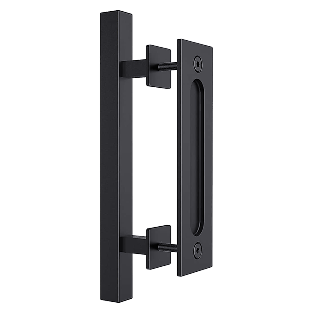 12" Square Pull and Flush Door Handle Set Black Barn Door Hardware - image1