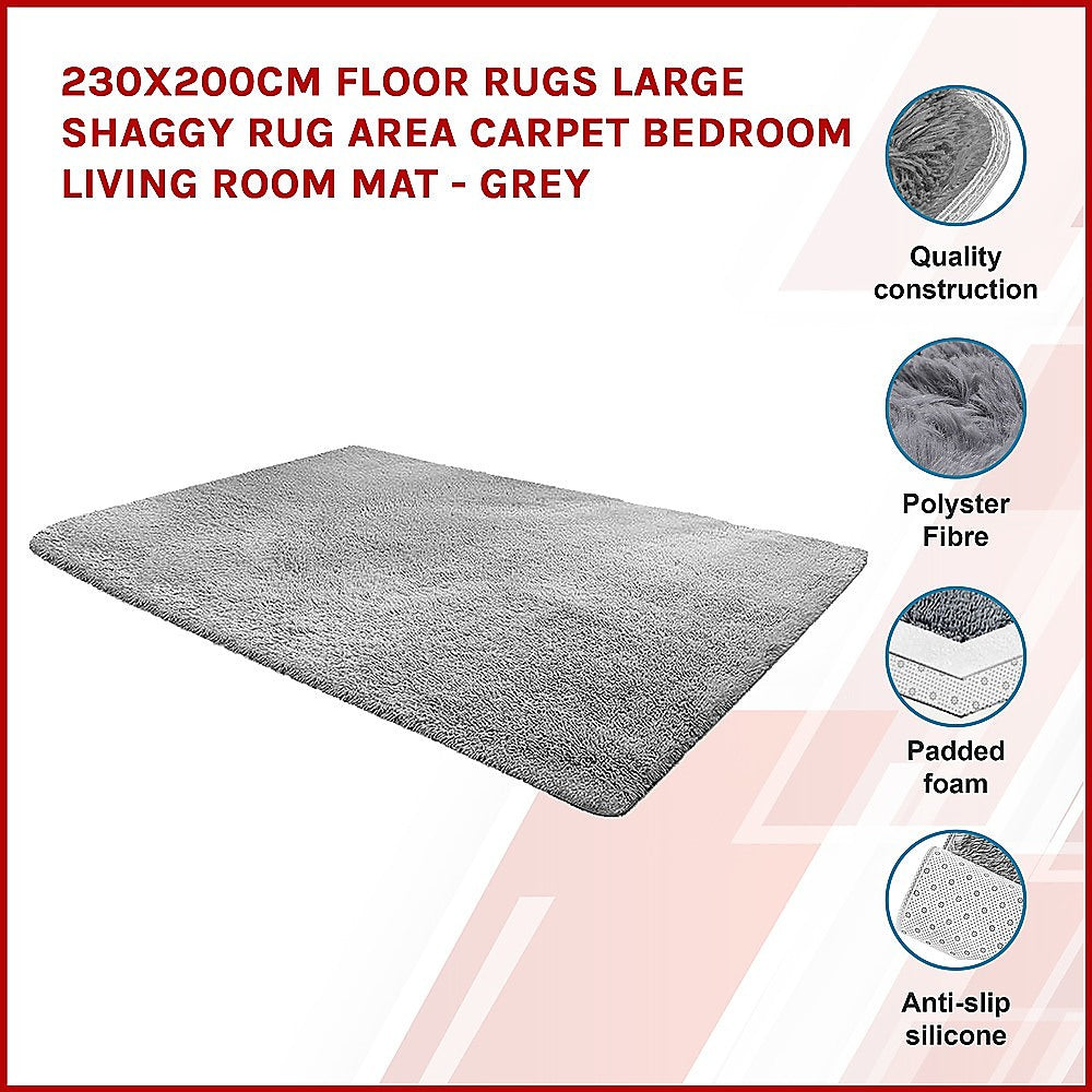 230x200cm Floor Rugs Large Shaggy Rug Area Carpet Bedroom Living Room Mat - Grey - image3