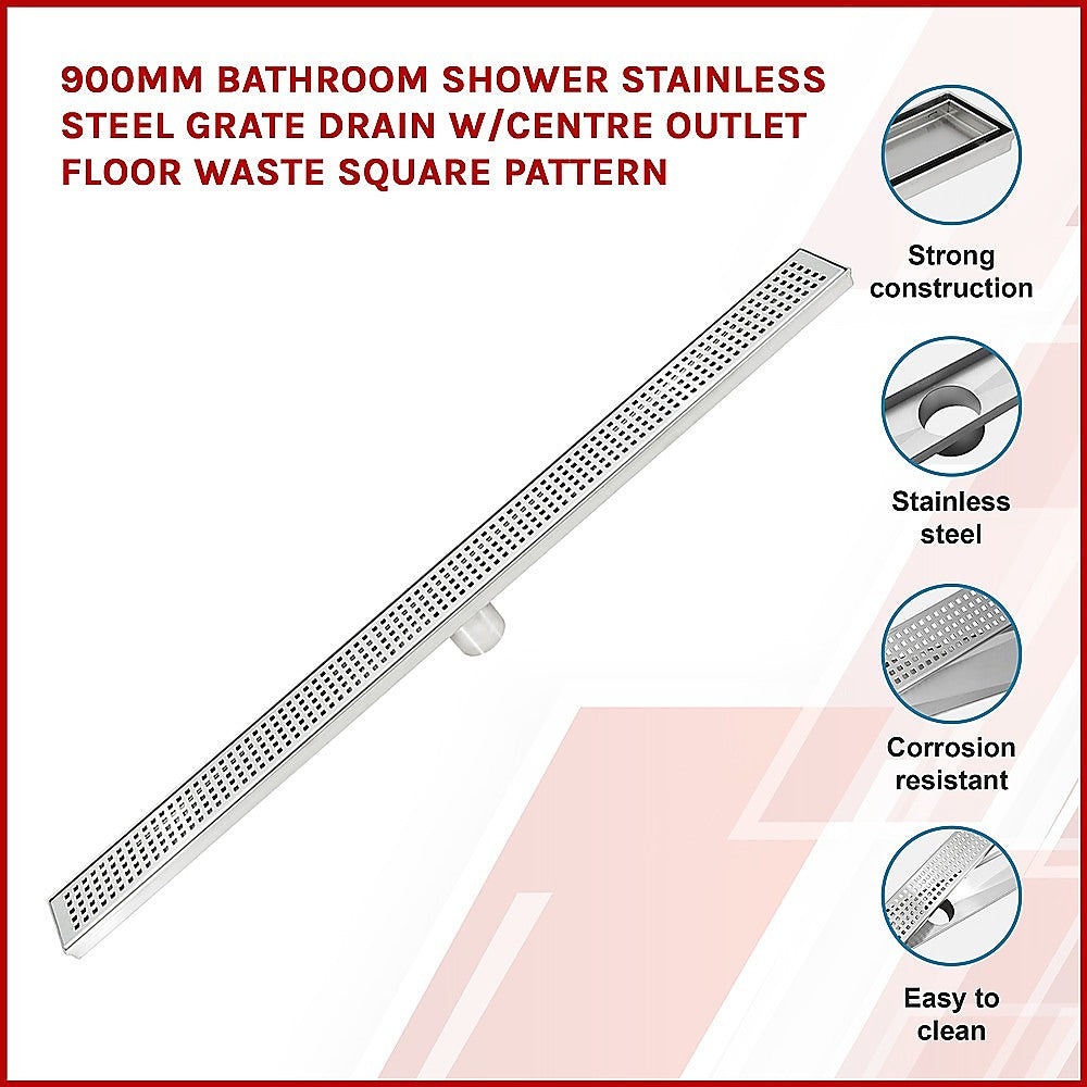 900mm Bathroom Shower Stainless Steel Grate Drain w/Centre outlet Floor Waste Square Pattern - image3