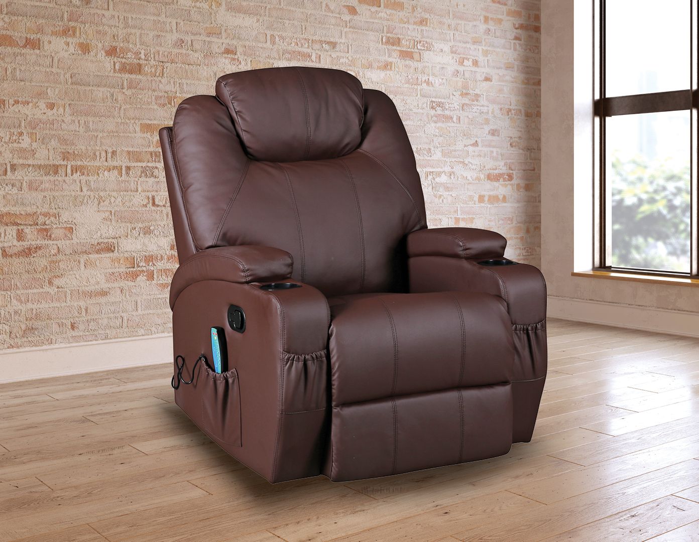 Brown Massage Sofa Chair Recliner 360 Degree Swivel PU Leather Lounge 8 Point Heated - image12