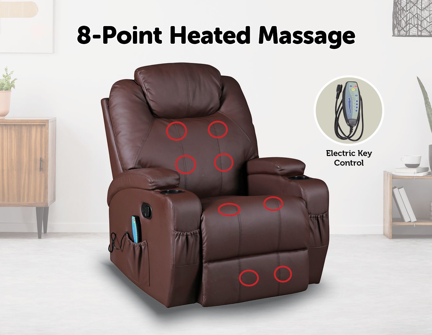 Brown Massage Sofa Chair Recliner 360 Degree Swivel PU Leather Lounge 8 Point Heated - image7