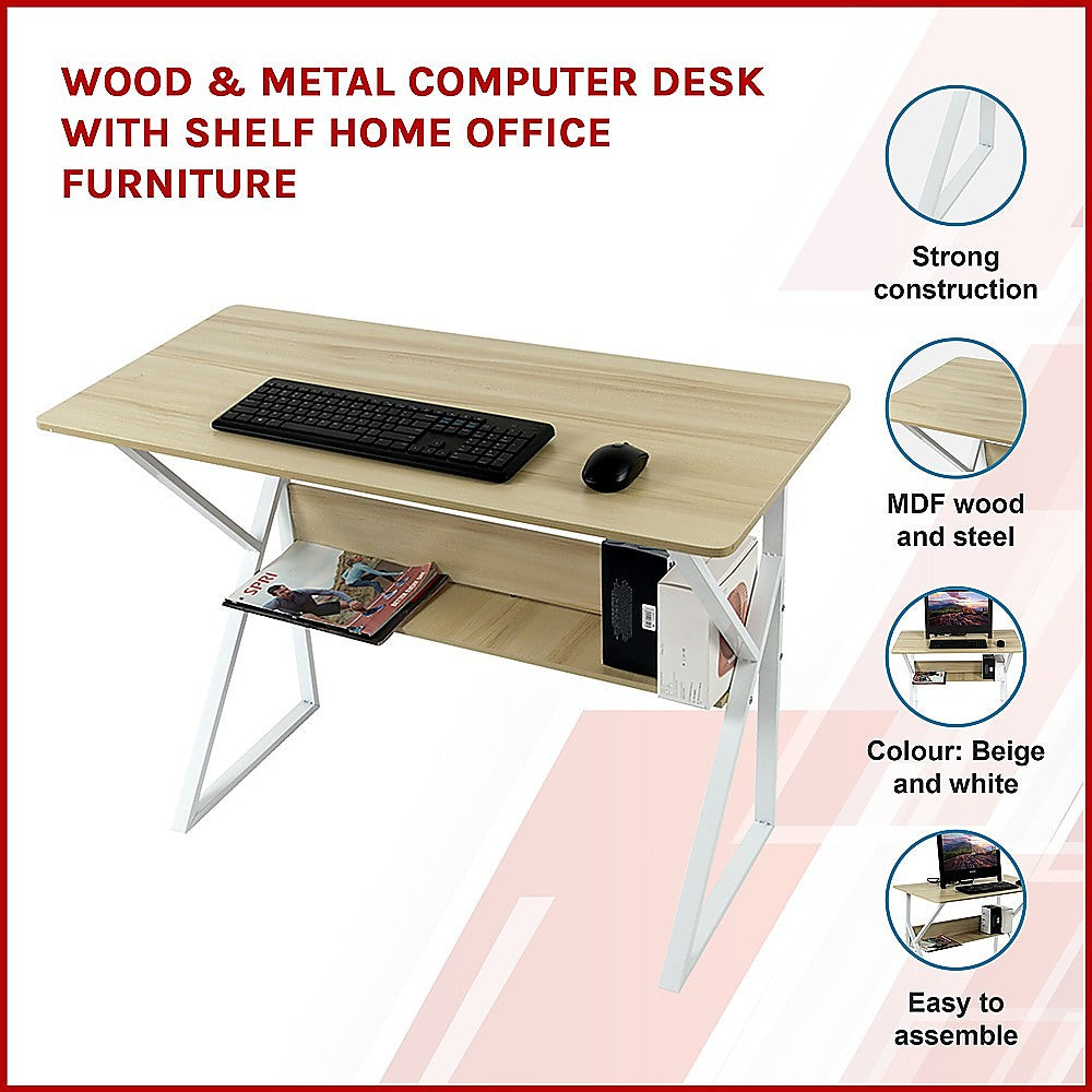 Wood & Metal Computer Desk with Shelf Home Office Furniture - image3