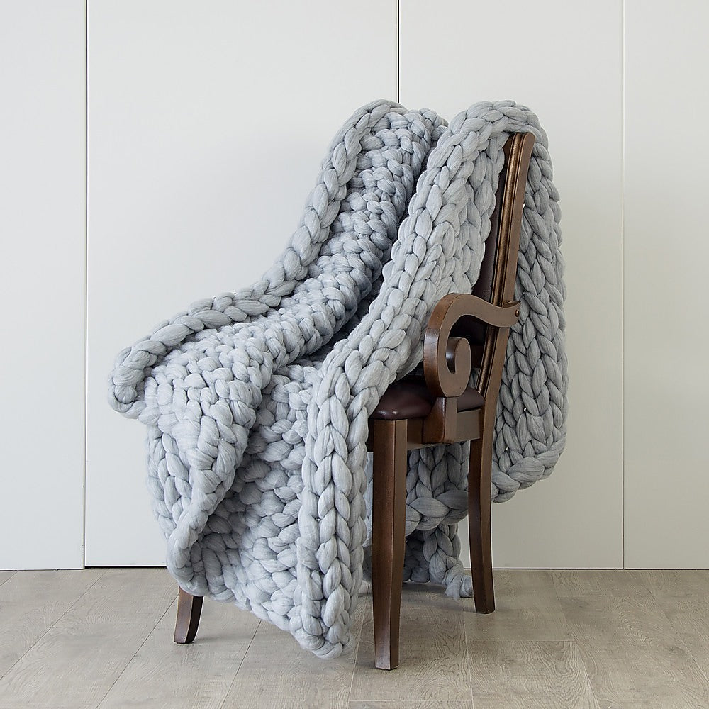 Hand Knitted Chunky Blanket Thick Acrylic Yarn Blanket Home Throw Rug - Grey - image2