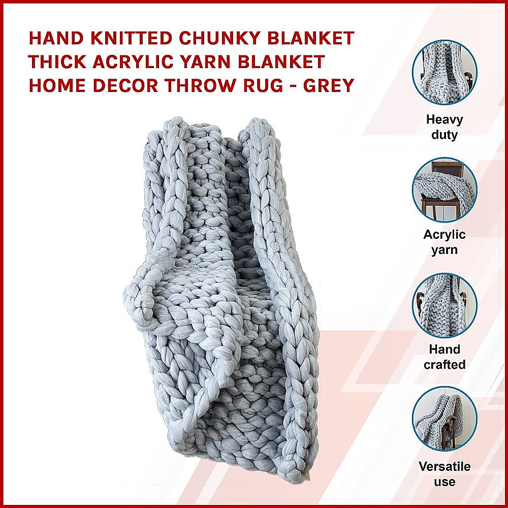 Hand Knitted Chunky Blanket Thick Acrylic Yarn Blanket Home Throw Rug - Grey - image3