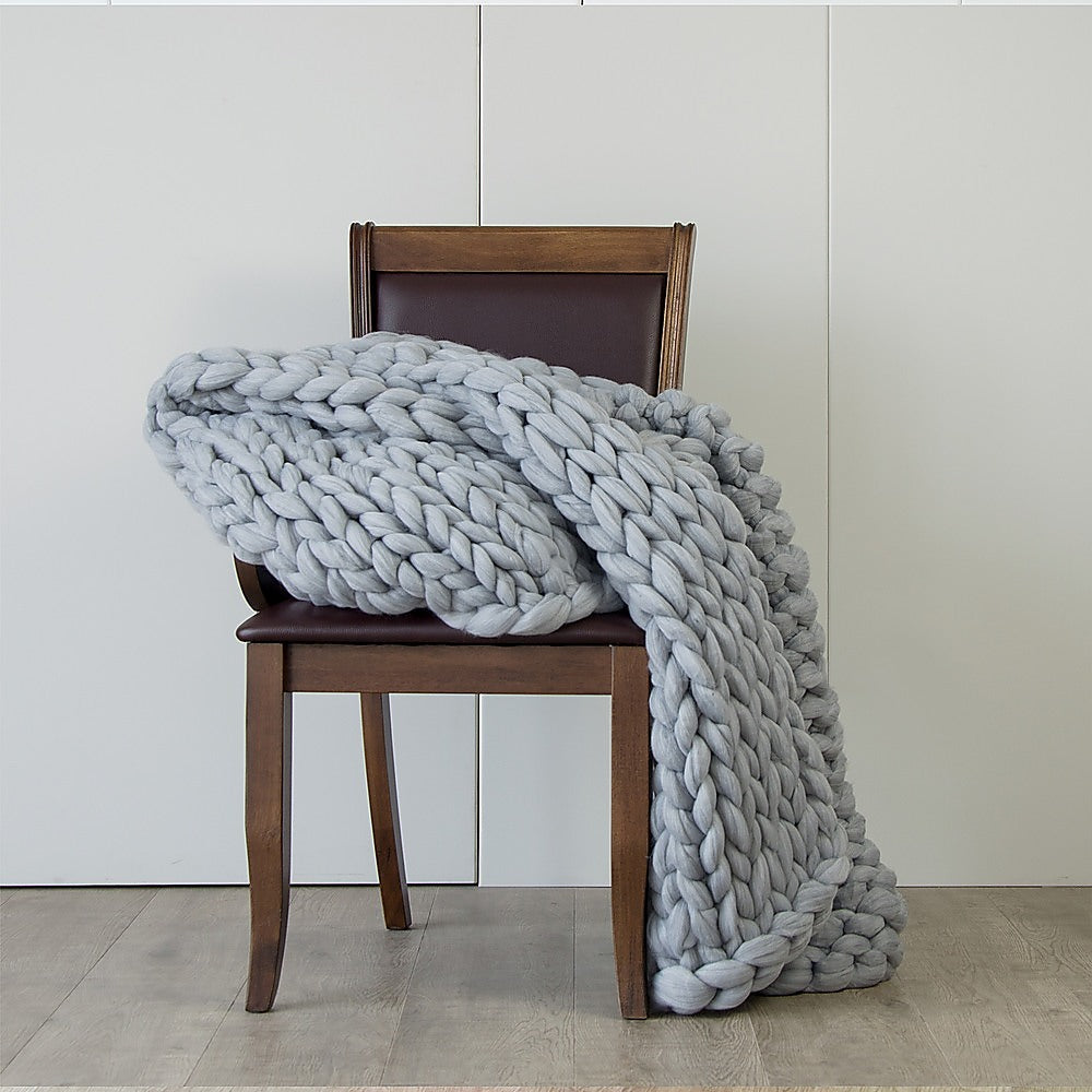 Hand Knitted Chunky Blanket Thick Acrylic Yarn Blanket Home Throw Rug - Grey - image4