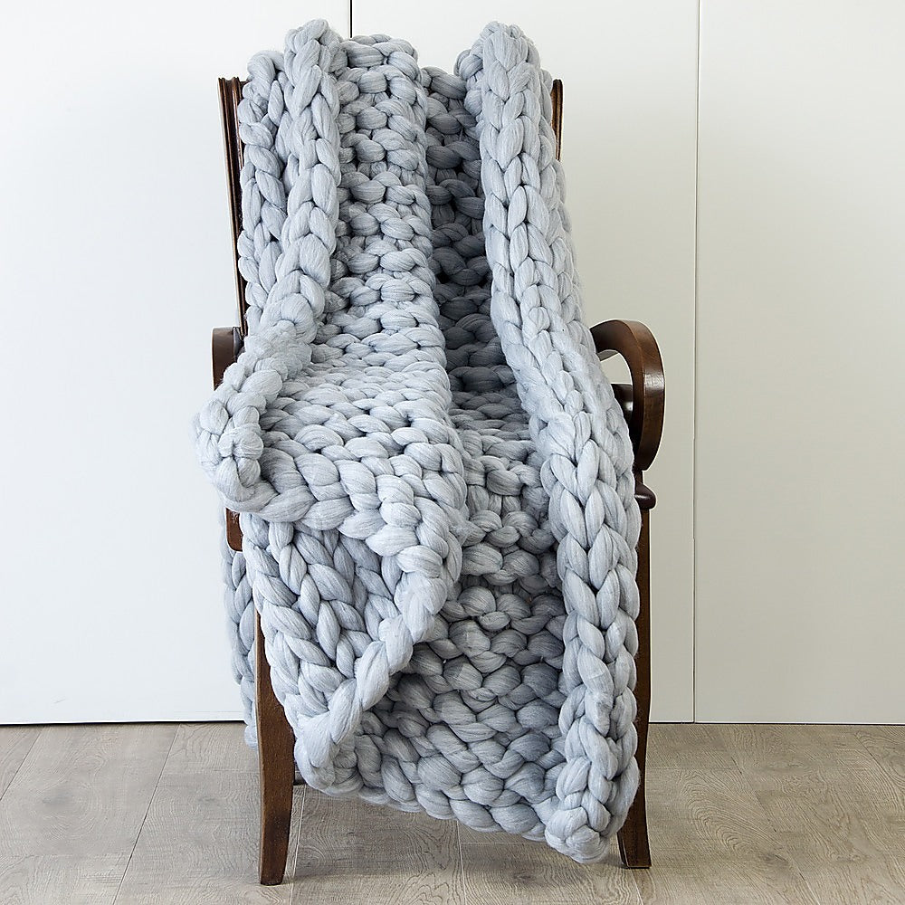Hand Knitted Chunky Blanket Thick Acrylic Yarn Blanket Home Throw Rug - Grey - image5