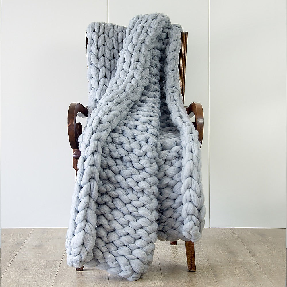 Hand Knitted Chunky Blanket Thick Acrylic Yarn Blanket Home Throw Rug - Grey - image6