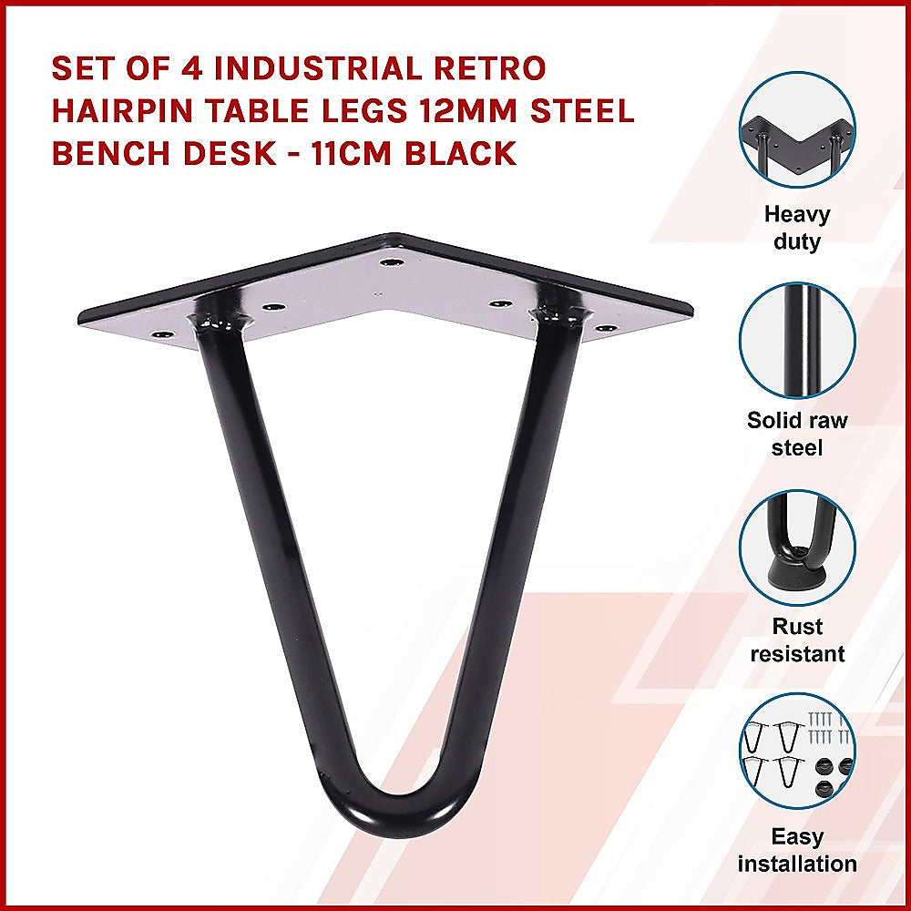 Set of 4 Industrial Retro Hairpin Table Legs 12mm Steel Bench Desk - 11cm Black - image3