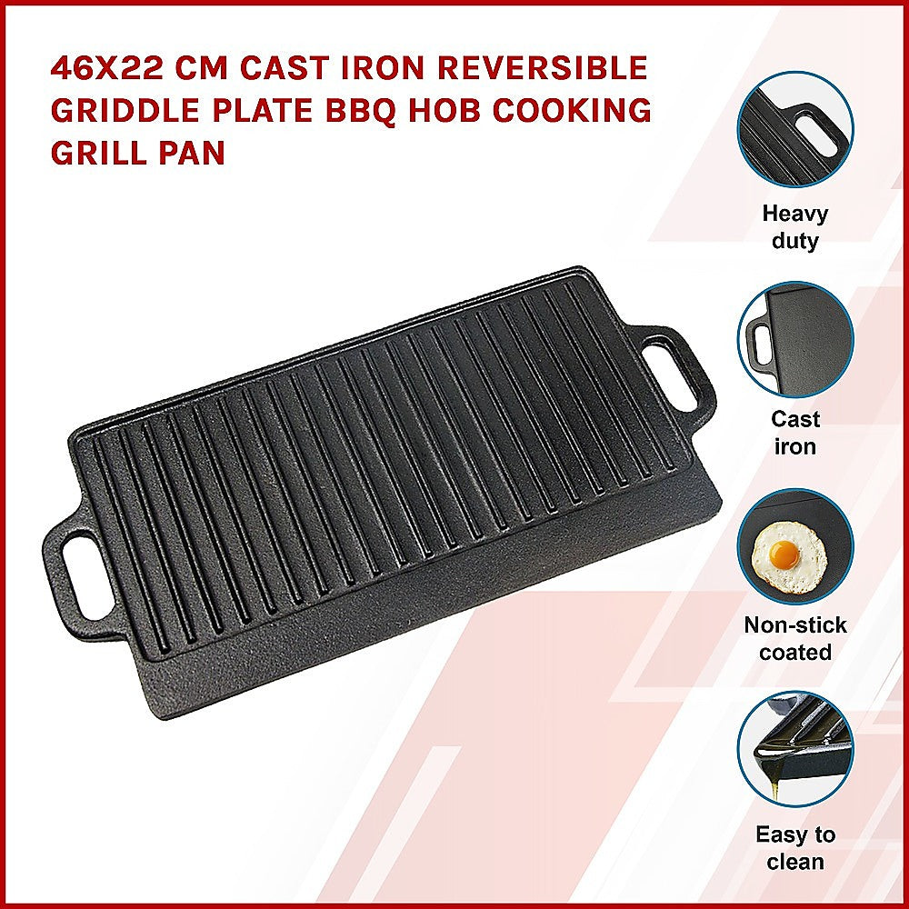 46x22 cm Cast Iron Reversible Griddle Plate BBQ Hob Cooking Grill Pan - image3