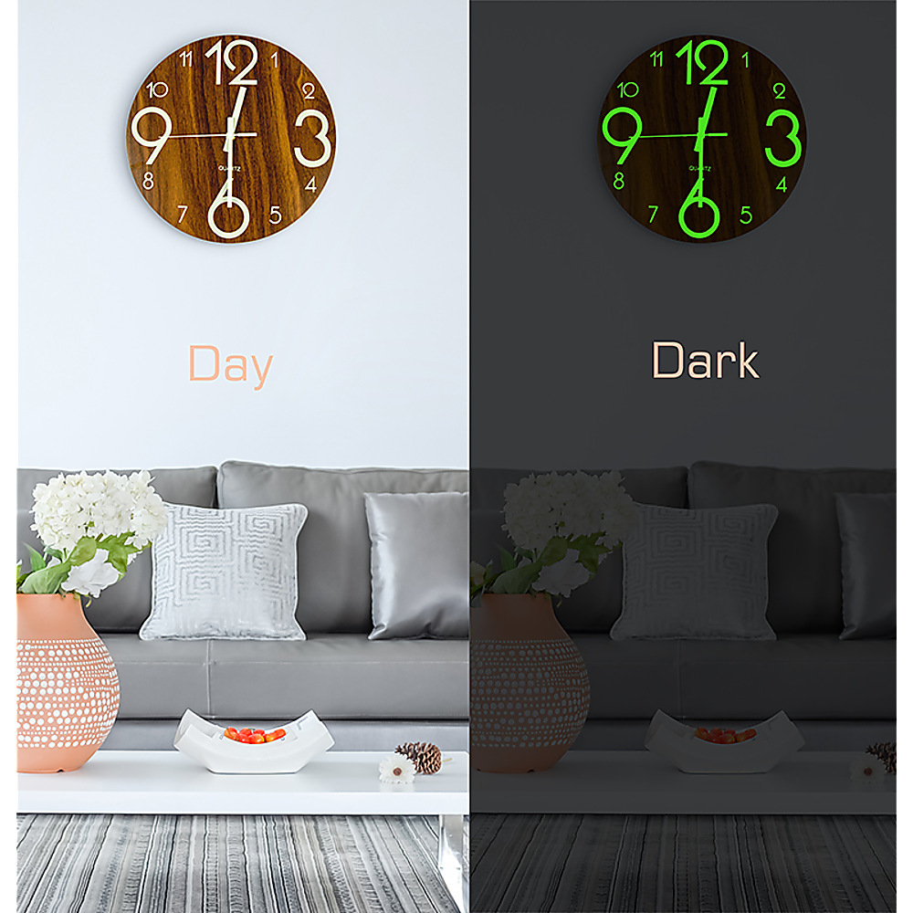 Glow In Dark Wall Clock Luminous Quartz Wooden Non Ticking Home 12''/30cm - image5